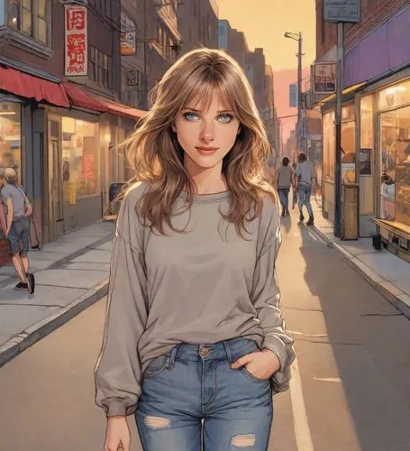 girl walking away,world digital painting,a pedestrian,pedestrian,digital painting,on the street,city ​​portrait,shopping street,girl in a long,street scene,paris shops,the girl at the station,cg artwork,blonde woman,sidewalk,woman walking,jeans background,photo painting,street canyon,paris,Digital Art,Comic