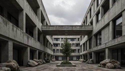 Rough-hewn concrete walls, exposed ductwork, industrial metal beams, reclaimed wood accents, brutalist fa\u00e7ade, rugged stone foundations, urban cityscape, overcast skies, dramatic shadows, low-ang