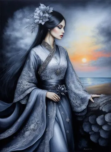 oriental princess,hanfu,geisha girl,oriental painting,kunqu,japanese art,undine,ugetsu,fantasy art,oriental girl,ariadne,fantasy picture,geisha,hoshihananomia,sirene,kuanyin,the sea maid,japanese woman,oiran,amphitrite,Illustration,Abstract Fantasy,Abstract Fantasy 14