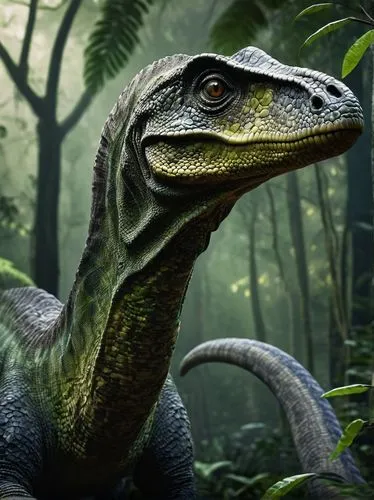 Brachiosaurus hybrid, giant reptile, mixed green and brown scaly skin, long neck, small brain, powerful tail, sharp claws, dense jungle environment, misty atmosphere, ancient trees, vines entwining, w