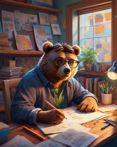 tutor,tutoring,paperwork,night administrator,brown bear,study,scandia bear,game illustration,bear,study room,cute bear,left hand bear,illustrator,homework,studying,slothbear,bears,great bear,the bears,author,Conceptual Art,Daily,Daily 32