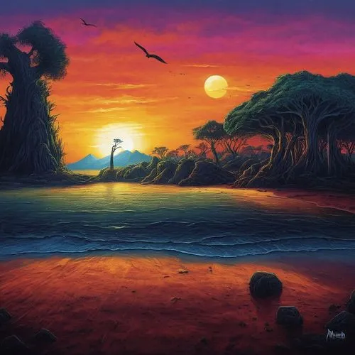 sunset at africa,fantasy landscape,an island far away landscape,beach landscape,landscape background,world digital painting,coastal landscape,volcanic landscape,fantasy picture,dune landscape,dark bea