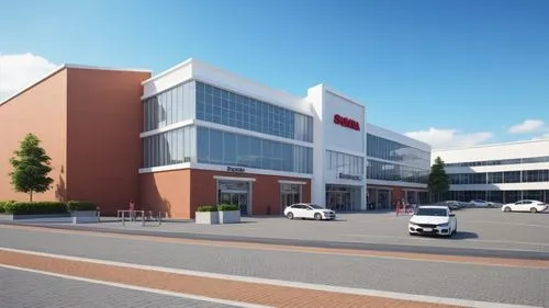 Shopping Mall,A shopping mall building with a touch of brick and a white car parked in front of it,tsmc,takashimaya,ebina,docomo,rakuten,sparkasse,Photography,General,Realistic