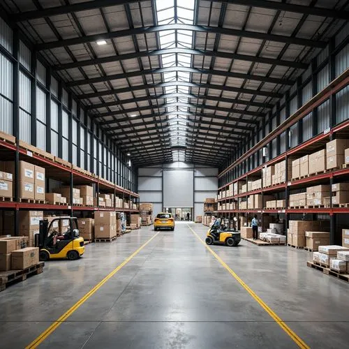 Industrial warehouse, high ceilings, metal beams, concrete floors, organized storage systems, shelving units, pallet racks, forklifts, loading docks, cargo containers, natural light, overhead lighting