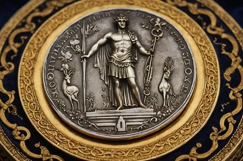 Ancient Greek-inspired coin, gold and silver mixed metal, intricate designs, Olympian gods' portraits, mythological creatures, ornate borders, worn-out texture, aged look, dim lighting, close-up shot,