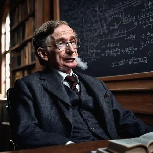 Professor Hawking, wheelchair, majestic beard, glasses, intellectual facial expression, brown suit, white shirt, black tie, Oxford University background, wooden desk, piles of books, chalkboard with c