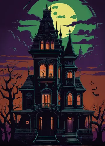 Create a spooky Monsters Inc logo in a haunted mansion!,witch's house,witch house,the haunted house,house silhouette,haunted house,halloween background,halloween wallpaper,halloween illustration,hallo