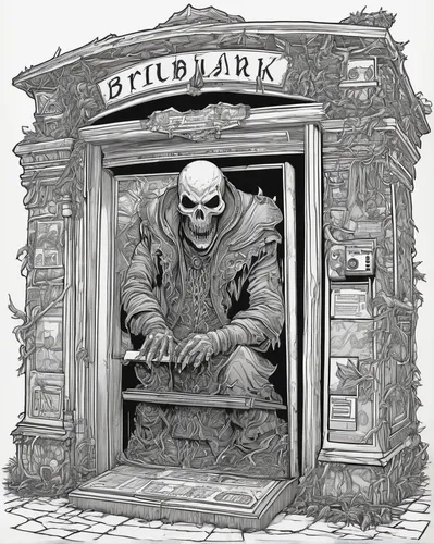 clerk,mail clerk,banker,shopkeeper,bank teller,barebone computer,pub,rathauskeller,apothecary,online banking,jukebox,automated teller machine,crypt,unique bar,creepy doorway,bank,game illustration,live escape game,burglar,outbreak,Illustration,Black and White,Black and White 06