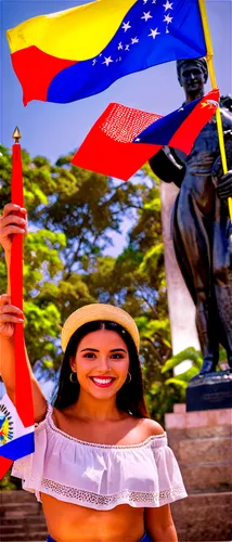 Happy Independence Day, Venezuela, festive atmosphere, colorful decorations, waving Venezuelan flags, traditional clothing, sombrero, bright smile, joyful expression, hands holding flag, standing in f