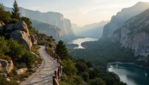 Panoramic cliffside views, rugged mountainous terrain, vast open skies, majestic valley vistas, winding scenic roads, dramatic cliff drops, rustic wooden railings, weathered stone pathways, lush green