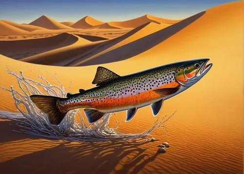 Desert dune landscape, massive sandy hills, a lone trout fish, jumping out of water, splashing in mid-air, shiny scales, vibrant orange stripes, detailed fins, clear water droplets, warm sunlight, gol