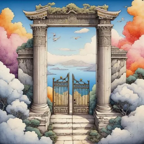 heaven gate,gateway,temples,heavenly ladder,gates,chasm,victory gate,gate,bird kingdom,frame border illustration,triumphal arch,portal,tori gate,rock gate,secret garden of venus,portals,surrealistic,city gate,rainbow bridge,archway,Illustration,Realistic Fantasy,Realistic Fantasy 05