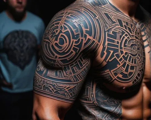 Intricate labyrinth design, sleeve tattoo, dark mysterious atmosphere, bold black lines, subtle shading, ancient Greek inspiration, mythical Minotaur in the center, ornate details, complex patterns, m