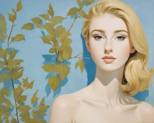 blonde, gorgeous, oil painting in David Hockney style, blue,blonde woman,white lady,magnolia,young woman,blond girl,the blonde in the river,cloves schwindl inge,ann margarett-hollywood,marylyn monroe 