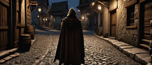 medieval street,narrow street,cloak,old linden alley,the cobbled streets,lamplighter,the witch,hooded man,dodge warlock,sorceress,witch broom,the nun,medieval hourglass,pilgrim,scythe,witch's hat,candlemaker,medieval,the abbot of olib,cobblestone,Conceptual Art,Sci-Fi,Sci-Fi 17