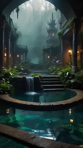 The water is flowing naturally,a water fall with many lamps and some lights,underwater oasis,theed,bathhouse,ponds,rivendell,naboo