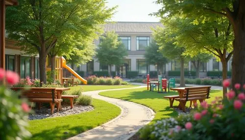 urban park,center park,city park,unl,ocu,campuswide,schoolyard,streamwood,spring garden,prekindergarten,kindergarten,school design,garden bench,children's playground,campus,purdue,green lawn,schoolyards,parkview,3d rendering,Photography,General,Realistic