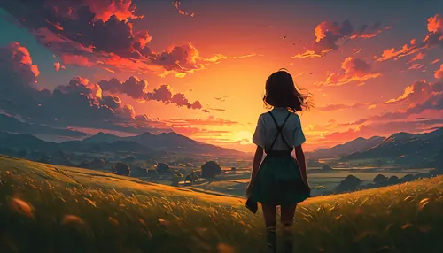 world digital painting,landscape background,the horizon,daybreak,girl walking away,fantasy picture,horizons,arrietty,yellow sky,orange sky,wanderer,horizon,eventide,dreamscape,red sky,creative background,dusk background,prairie,fantasy landscape,evening atmosphere,Photography,General,Fantasy