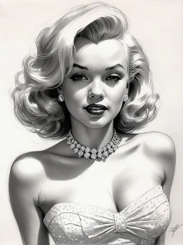 pencil drawing of girl 
MARILYN MONROE|DIAMOND JACKSON   
 by 
STAN LEE
 , (giant (perfect round fake chest)), stunning slim waist, 
tight strapless dinner dress,marilyn monroe,marylin monroe,marylin,