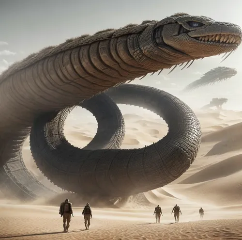 anaconda,serpent,wyrm,ringed-worm,basilisk,flying snake,emperor snake,sidewinder,dune,thunder snake,sci fiction illustration,scaled reptile,centipede,sahara,cobra,fractalius,admer dune,airships,pellworm,noorderleech