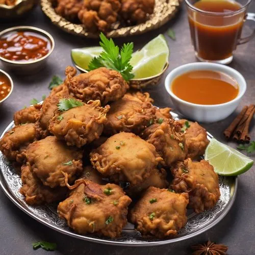 pakora,mangalore bajji,rajasthani cuisine,pakistani cuisine,fried chicken wings,maharashtrian cuisine,sindhi cuisine,batata vada,andhra food,fried fritters,punjabi cuisine,fried cauliflower,crispy fried chicken,sri lankan cuisine,hyderabad,chicken drumsticks,tahu goreng,suya,cheese fried chicken,fried chicken,Photography,General,Realistic