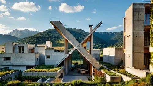 convert to a realistic flat with the twitter logo in front of some flats ,a large metal cross is near an outdoor dining room and kitchen area,merano,liechtenstein,leogang,meiringen,alyeska,sfu,Photogr