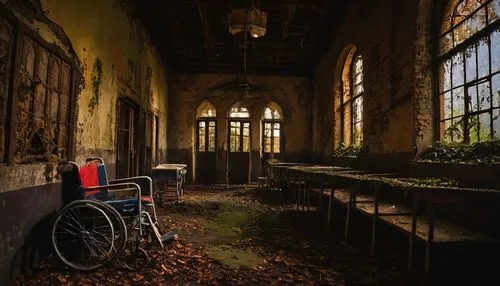 Abandoned asylum, eerie atmosphere, Gothic structure, crumbling walls, broken windows, rusty gates, overgrown vines, foggy night, dim lanterns, creepy corridors, peeling paint, old wheelchair, mysteri