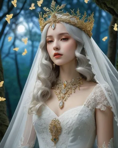 Oberon, ancient magus bride, regal posture, flowing white wedding veil, intricate golden crown, long curly silver hair, subtle shimmering makeup, delicate lace gloves, ornate crystal jewelry, lavish w