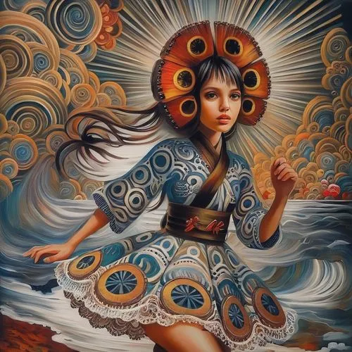 shamanic,boho art,shamanism,indigenous painting,vietnamese woman,psychedelic art,peruvian women,girl with a wheel,flamenco,mystical portrait of a girl,khokhloma painting,pachamama,ethnic dancer,mexica