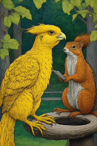 Craft a humorous conversation between Big Bird and a mischievous squirrel in a city park.,bird couple,bird illustration,game illustration,woodland animals,anthropomorphized animals,reconstruction,cape