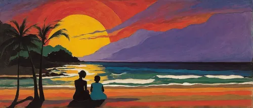 loving couple sunrise,sunset beach,honeymoon,beach landscape,sun of jamaica,vintage couple silhouette,south pacific,tequila sunrise,sunrise beach,two palms,travel poster,post impressionism,luau,sunset,people on beach,blue hawaii,sun and sea,romantic scene,night scene,waikiki beach,Art,Artistic Painting,Artistic Painting 27