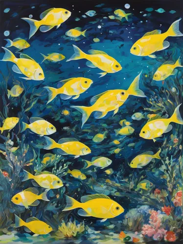 school of fish,coral reef fish,yellow fish,lemon surgeonfish,shoal,ornamental fish,wrasses,fishes,marine fish,pallet surgeonfish,tropical fish,calyx-doctor fish white,underwater background,aquarium fish,fish in water,blue stripe fish,underwater fish,golden angelfish,feeder fish,marine diversity,Conceptual Art,Oil color,Oil Color 18