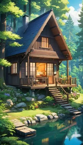 summer cottage,house with lake,house by the water,house in the forest,the cabin in the mountains,cottage,ryokan,small cabin,forest house,idyllic,wooden house,house in the mountains,house in mountains,log cabin,beautiful home,pool house,log home,home landscape,lodge,cabin,Illustration,Japanese style,Japanese Style 03