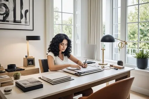 woman in white sitting at a desk in her apartment,writing desk,work from home,livescribe,work at home,girl at the computer,modern office,Conceptual Art,Fantasy,Fantasy 13