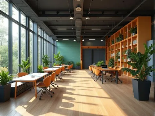 study room,daylighting,modern office,school design,reading room,creative office,working space,breakfast room,teahouse,canteen,offices,clubroom,collaboratory,meeting room,lunchroom,bureaux,greenhaus,forest workplace,ideacentre,schoolroom,Photography,General,Realistic