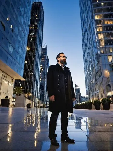 Famous architectural photographer, male, 40s, beard, glasses, black jacket, holding camera, looking up, urban skyscraper, modern cityscape, blue hour, dramatic lighting, low-angle shot, wide-angle len