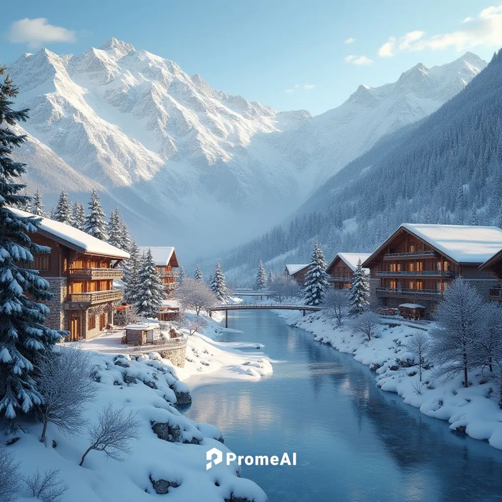 Snow-capped mountains, frosty air, icy lakes, rustic wooden chalets, vibrant ski lifts, colorful snowboarding equipment, warm fireplaces, cozy cabins, natural stone walls, earthy tones, rich wood acce