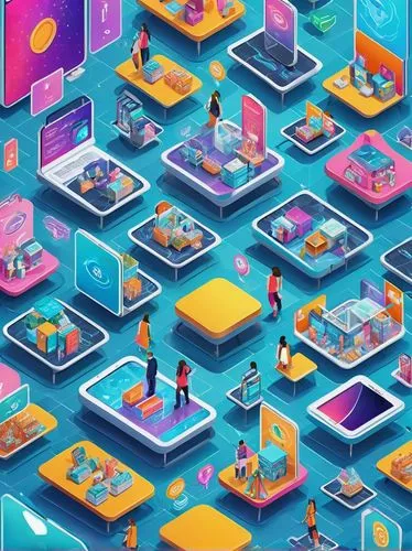 A pattern wallpaper of A bustling digital marketplace where shoppers interact with 3D holograms of products, viewed from various innovative perspectives and angles,connect competition,connectcompetiti