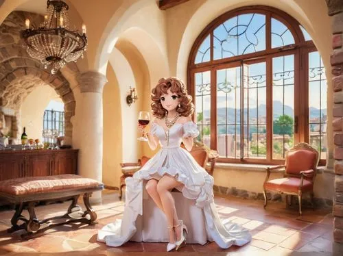 Italian style home, luxurious villa, interior design, mature lady, elegant makeup, curly brown hair, pearl necklace, white silk dress, high heels, holding a wine glass, standing, Tuscan-style living r