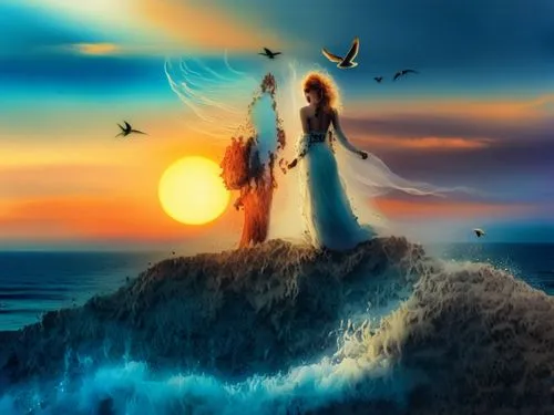 beautiful nude female 35 45 from brazil infront of the sea wave and amazing sunset flying bird above ,an artistic painting depicts a woman in white dress in a golden dress standing on the top of a roc