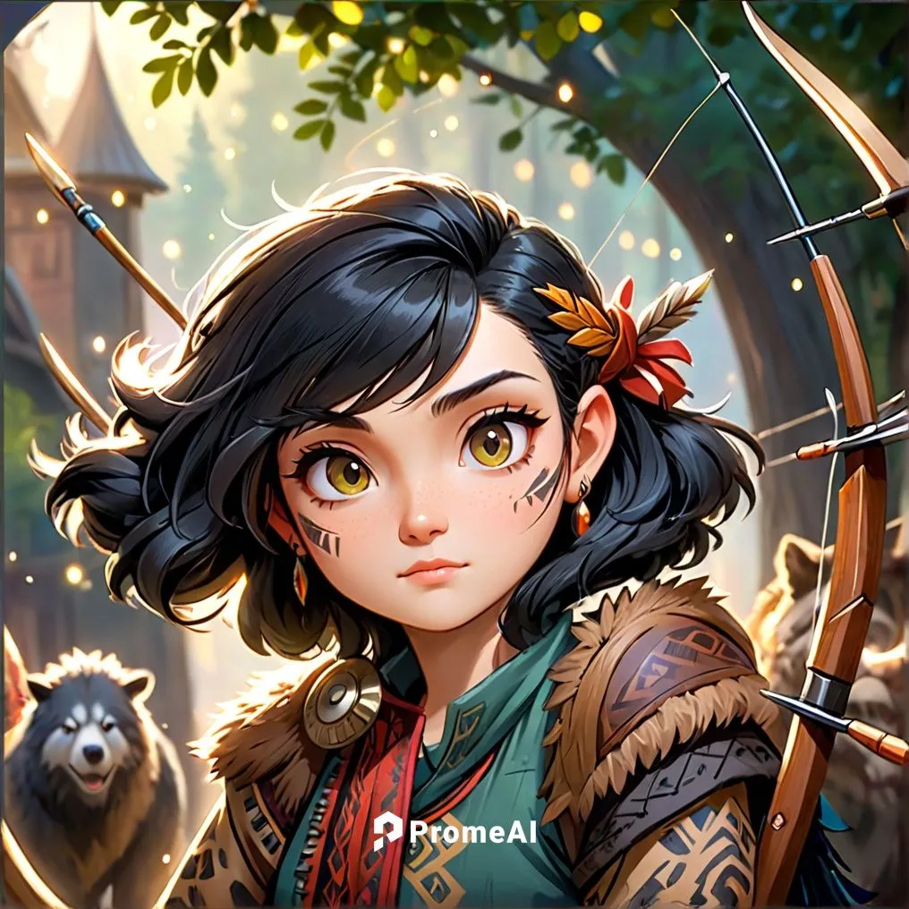 a stylized woman artist, white highlight on black hair, a brush on her ear,mulan,fantasy portrait,ursa,portrait background,mowgli,tamarin,meteora,game illustration,custom portrait,moana,goki,marmoset,