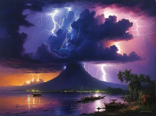 lightning storm,thunderstorm,volcanic eruption,eruption,stratovolcano,calbuco volcano,krafla volcano,the eruption,thunderclouds,fantasy picture,lightning strike,a thunderstorm cell,volcanic landscape,volcano,monsoon,samoa,thunderheads,lightning,fantasy landscape,nature's wrath,Conceptual Art,Oil color,Oil Color 06