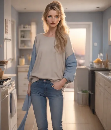 girl in the kitchen,domestic,denim,commercial,housewife,apron,sweater,denim bow,cleaning woman,housework,kitchen work,homemaker,sweatshirt,denim skirt,cardigan,in a shirt,barista,dishwasher,star kitchen,baking cookies