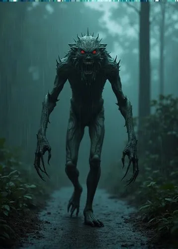 32k photo-realistic, high definition, hyper-realistic image of a creature that looks like a warped version of a human. It has elongated limbs, sharp teeth, and a slitted gaze. Its skin is a sickly pal