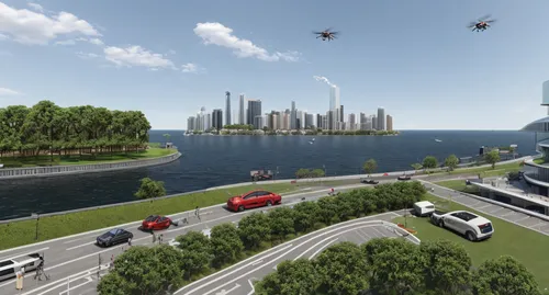 make the view sustainable and technologically utopic. add flying drones and cars. have people walk on ground level, near the water side. do not have cars and busses at ground level.,barangaroo,smart c