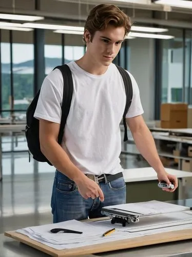 Young adult, architecture student, male, casual wear, jeans, white T-shirt, sneakers, backpack, holding a scale model, standing in front of a drafting table, surrounded by blueprints, pencils, and rul