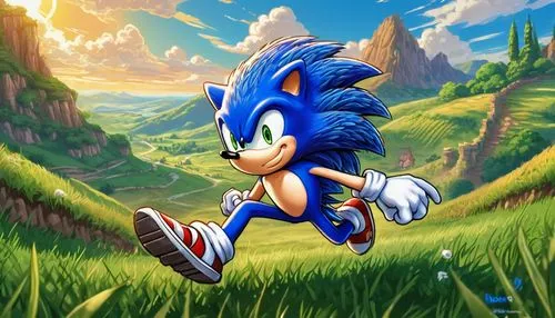 Sonic themed sprite creator, cartoon style, blue anthropomorphic hedgehog, green eyes, quills on back, running pose, dynamic movement, speed lines, bright vibrant colors, sunny background, fluffy whit