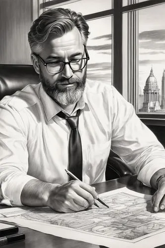 Architectural permit set, modern city hall, government building, urban planning, detailed blueprint, rolled up documents, wooden desk, leather chair, male architect, middle-aged, glasses, beard, white