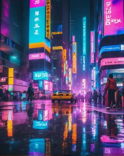 Modern skyscraper, urban cityscape, realistic reflection, glass facade, steel structure, intricate details, nighttime scene, neon lights, bustling streets, crowded sidewalk, blurred motion, shallow de