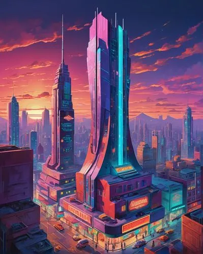 cybercity,cybertown,futuristic landscape,cyberpunk,cyberport,futuristic,skyscraper,megacorporation,futuristic architecture,metropolis,cityscape,coruscant,fantasy city,cyberworld,skyscrapers,megacorporations,the skyscraper,synth,futurepop,hypermodern,Illustration,Retro,Retro 12